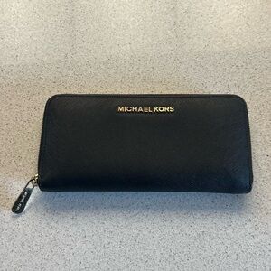 Michael Kors Black Zip-Around Wallet with Gold Logo